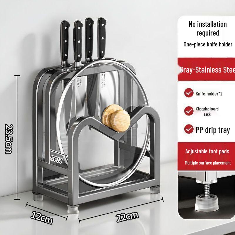 Stainless Steel Kitchen Organizer: Knife Holder, Pot Lid, Cutting Board, Cutlery & Chopstick Stand
