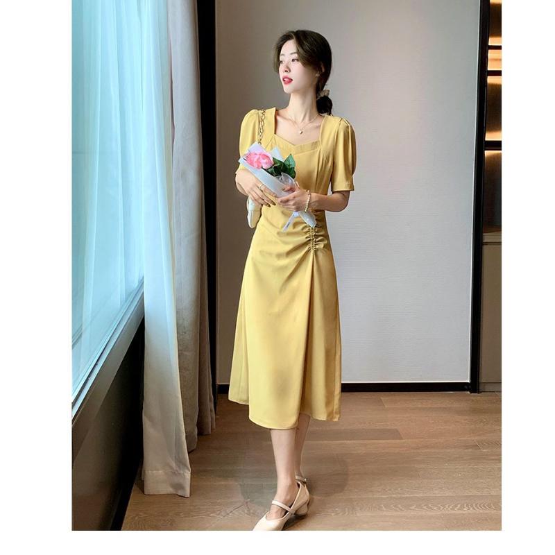 Vestido de verano de Color liso, elegante, con cuello cuadrado, cintura plisada, ajustado, manga de burbuja, vestido de moda