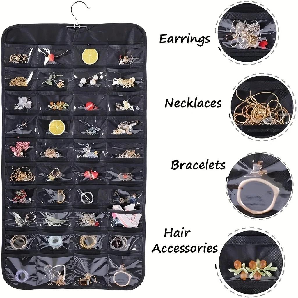 1pc 80 Pockets Hanging Women Jewelry Organizer, Earrings Necklace Bracelet Ring Accessories Display Holder