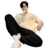 Men's Thick Coral Fleece Round Neck Pajama Set - Flannel, Autumn/Winter, Youth, Large Sizes, Fashionable Homewear