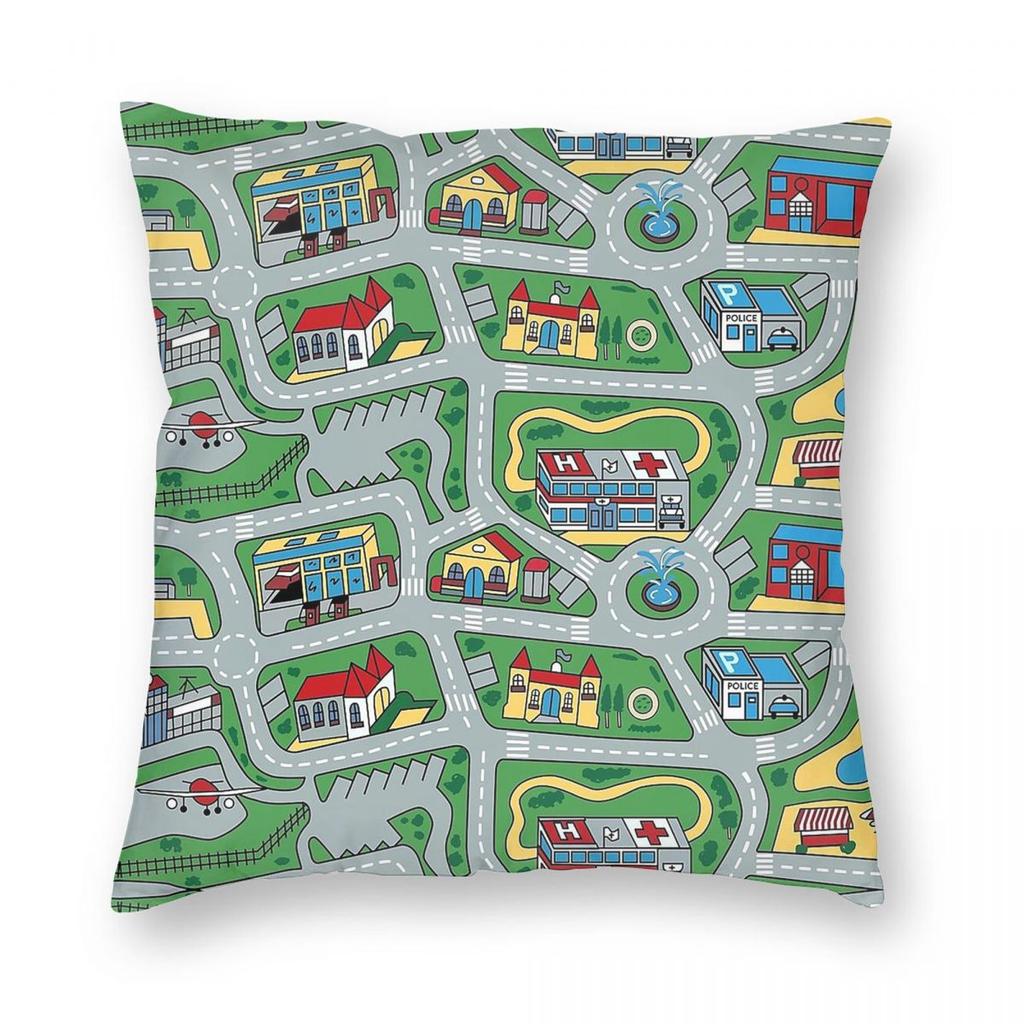 Car City Road Nostalgic Toy Pillowcase Polyester Linen Velvet Pattern Zip Decorative Throw Pillow Case Sofa Cushion Cover