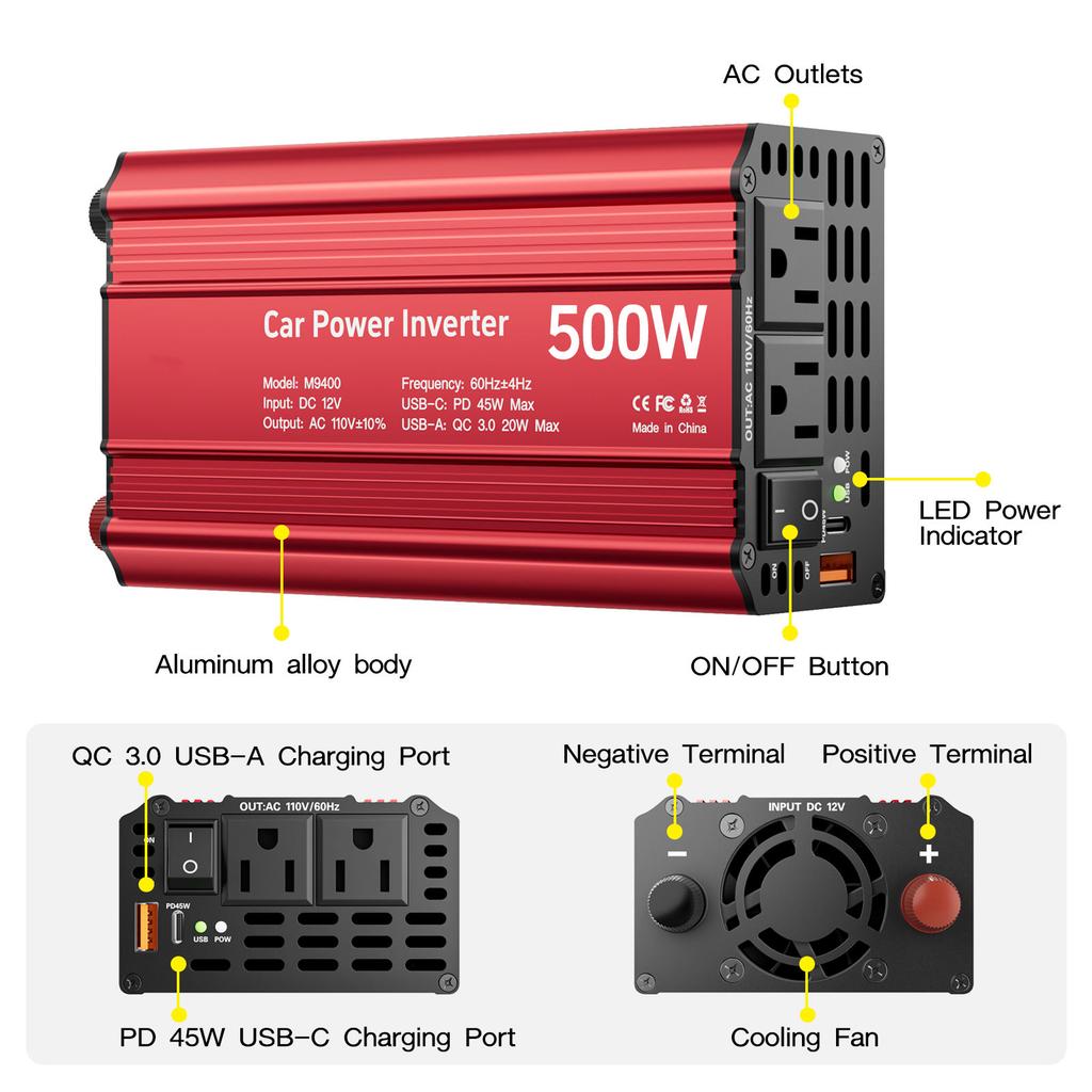 Factory Direct-sale Kadip 500W Single Phase Automotive Inverter DC12V to 110V/220V with QC3.0+PD45W Fast Charging Interface