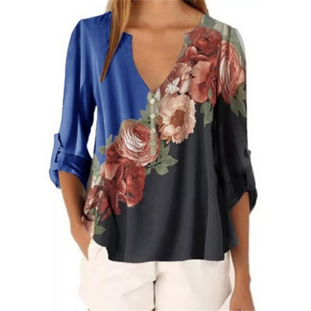 Women Casual Tops Shirt Ladies V Neck Floral Print Loose T-shirt Blouse Tee Top