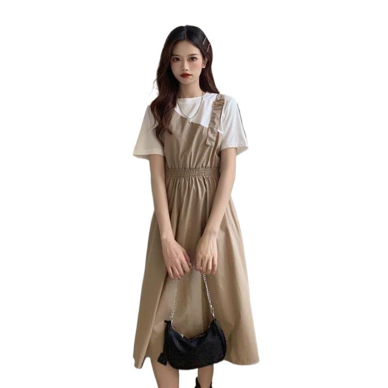 Summer 2026 Sweet College Style Hepburn Midi Dress - Women's Waist-Cinched Patchwork Fake Two-Piece.