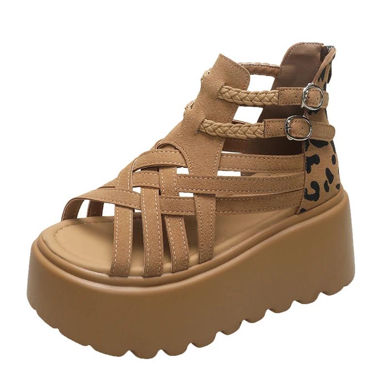 Móda 8CM Návrhářské Dámské Letní Kožené Sandály Otevřená Špička Platforma Klínky Tenisky Nové Dámské Ležérní Boty Plážové Sandálias Das Mulheres