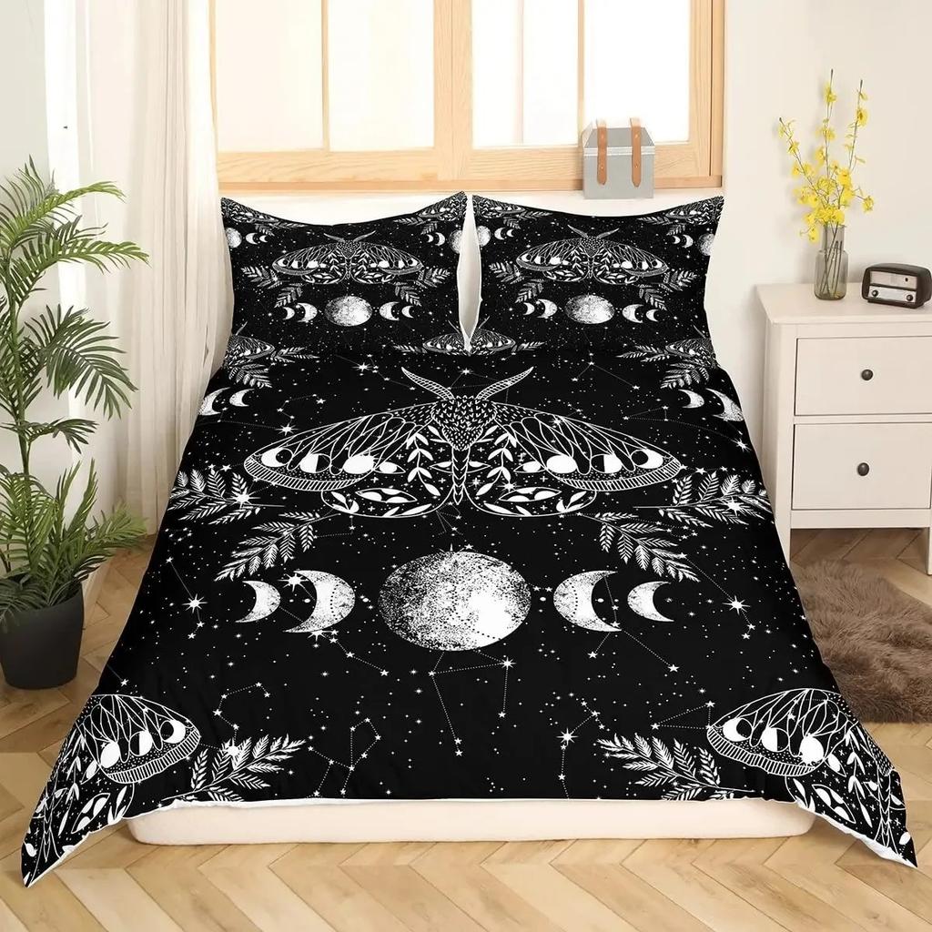Boho Gothic Skull Bedding Set Death Moth Duvet Cover Set King Queen Full Twin Size Galaxy Sun And Moon Polyester Comforter Cover