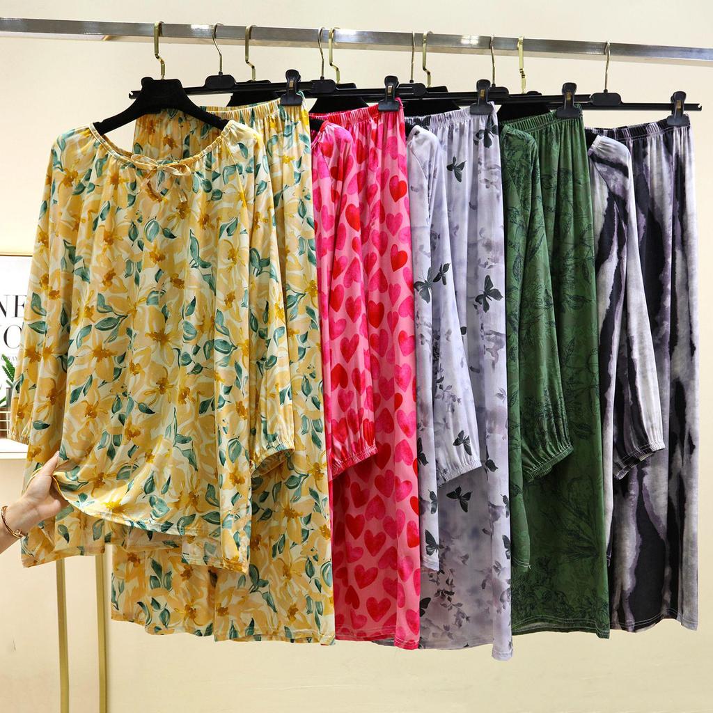 Letnia odzież domowa w kwiaty 2025: Luźne, swobodne spodnie do spania w stylu retro i top w dużym rozmiarze