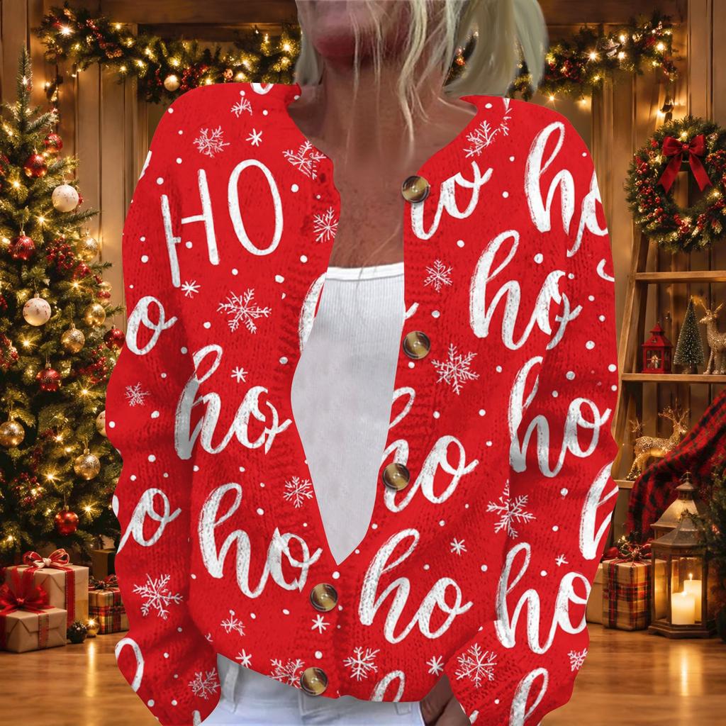 Women's Christmas Print Knit Cardigan Button Front Long Sleeve Sweater Coat for Holiday