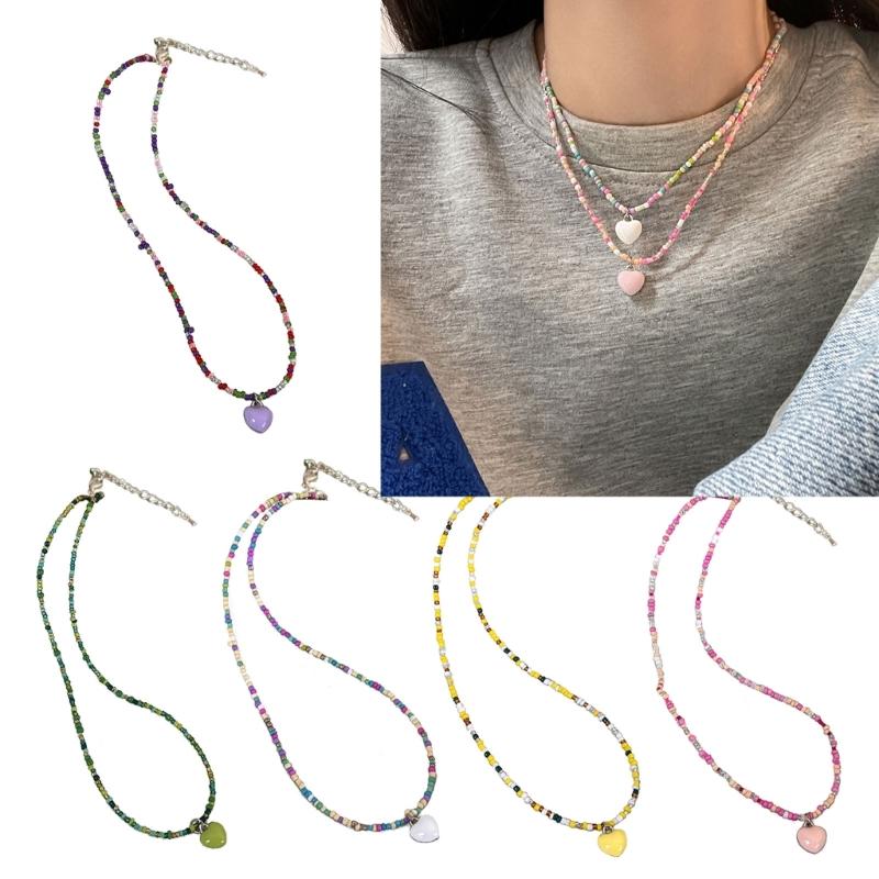 Bohemian Beaded Necklace Summer Rice Bead Love- Necklace Hawaii Beach Necklace Jewelry Suitable for Ladies and Girls