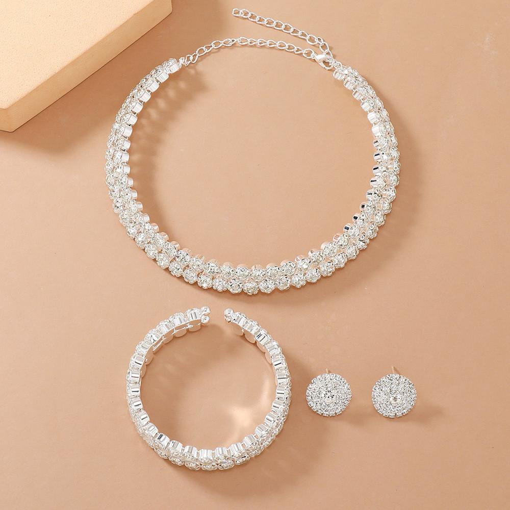 Double Layer Bridal Jewelry Set With Water Diamonds Pendant And Bracelet For Women