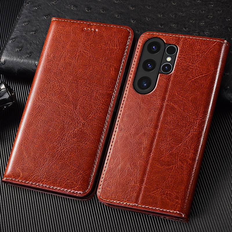 Étui à rabat en cuir véritable Crazy Horse Pour Samsung Galaxy S7 S8 S9 S10 S10E S20 S21 S22 S23 S24 S25 Plus FE Ultra Étuis de protection