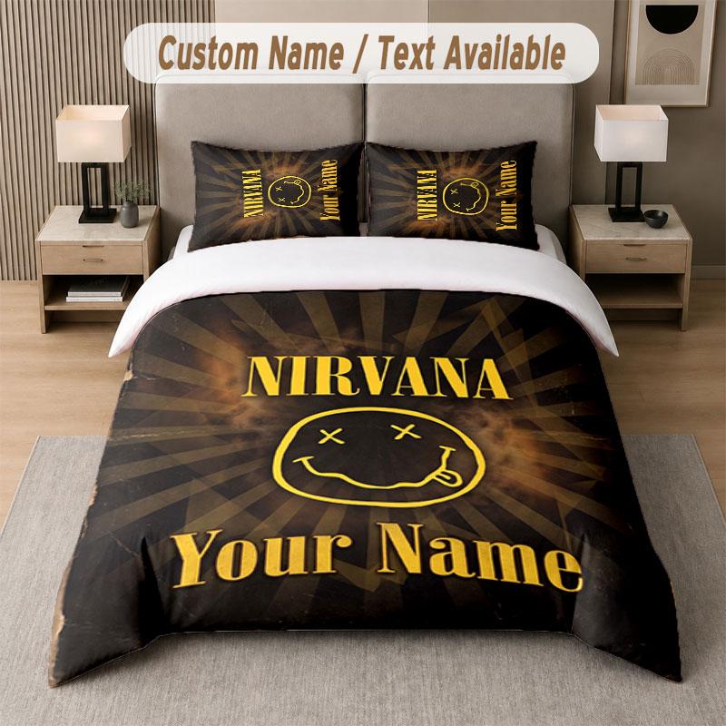 Custom Bedding Set Nirvana Pattern, Print Name Text 1 Duvet Cover plus 2 Pillowcases Home Textile