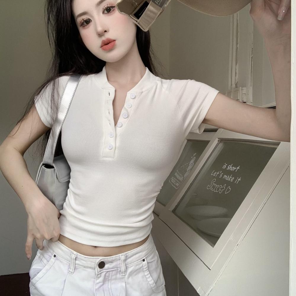 V Neck Button T Shirt Basic Short Sleeve Crop Top Women T-shirt Casual Tank Top Slim Female Crop Top Fashion Girl Tee Shirt Y2k Streetwear