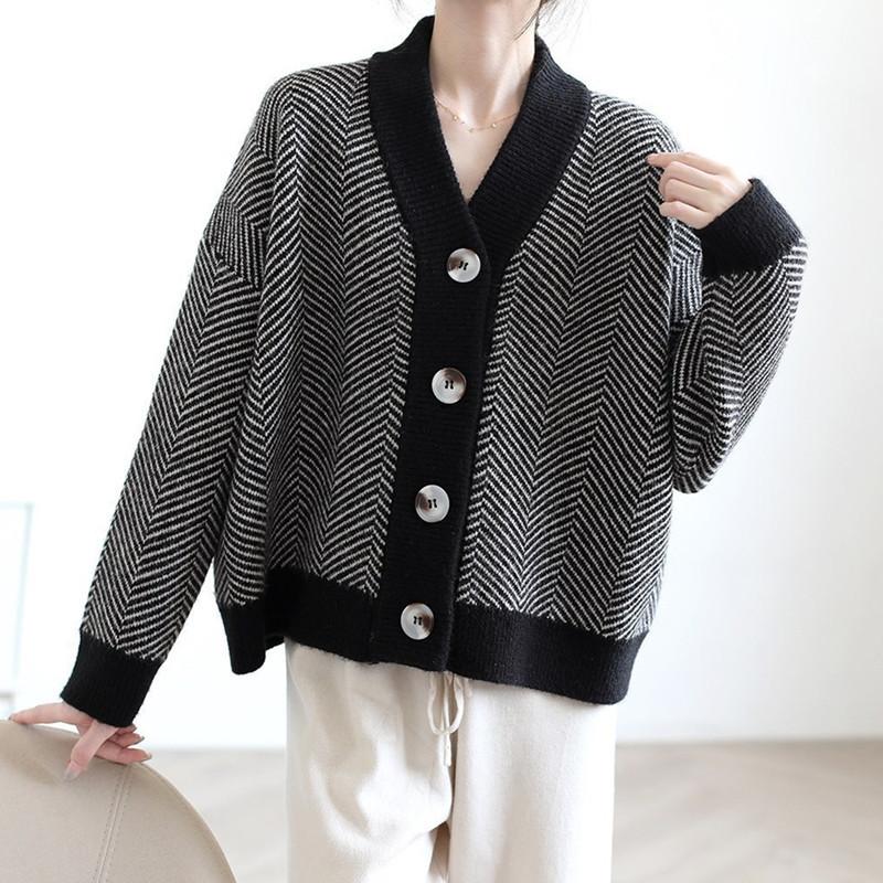 Temperament V-neck Striped Knitted Cardigan Top Contrasting Colors Autumn and Winter Loose Lazy Style High-end French Sweater Women