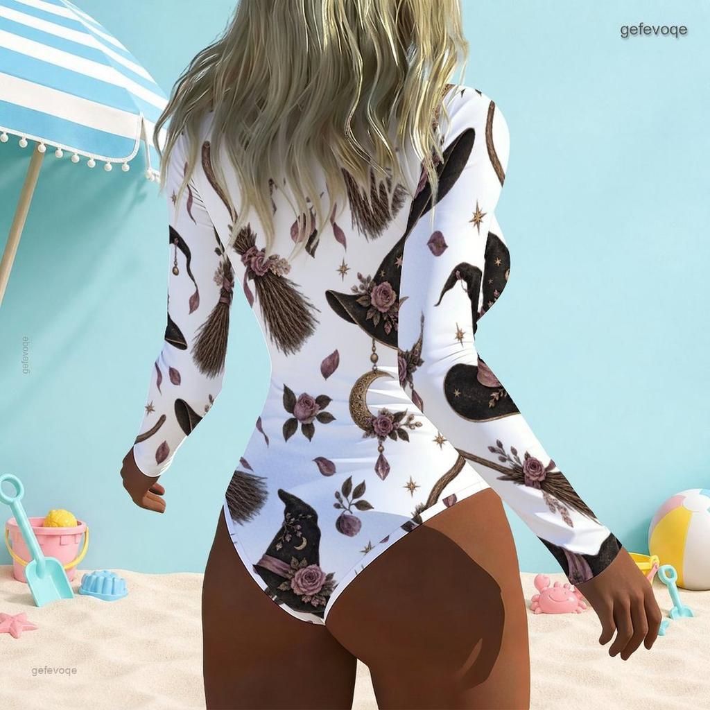 Women Plus Size White High Neck Front Zip Long Sleeve One Piece Printed Swimsuit