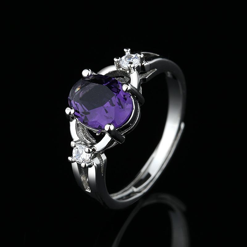 2026 Niche Classic Four-claw Purple Zircon Open Ring Ladies Korean Hollow Geometric Ring Jewelry