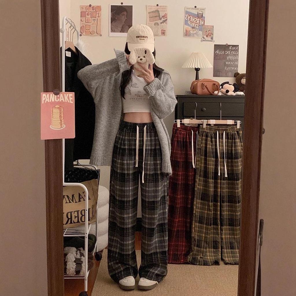Women's Korean Style High Waist Plaid Wide Leg Pants - Retro, Loose, and Slimming for Spring & Autumn