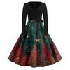 Women's Casual Christmas Print V Neck Vintage Dress for Holiday Party and Everyday Wear