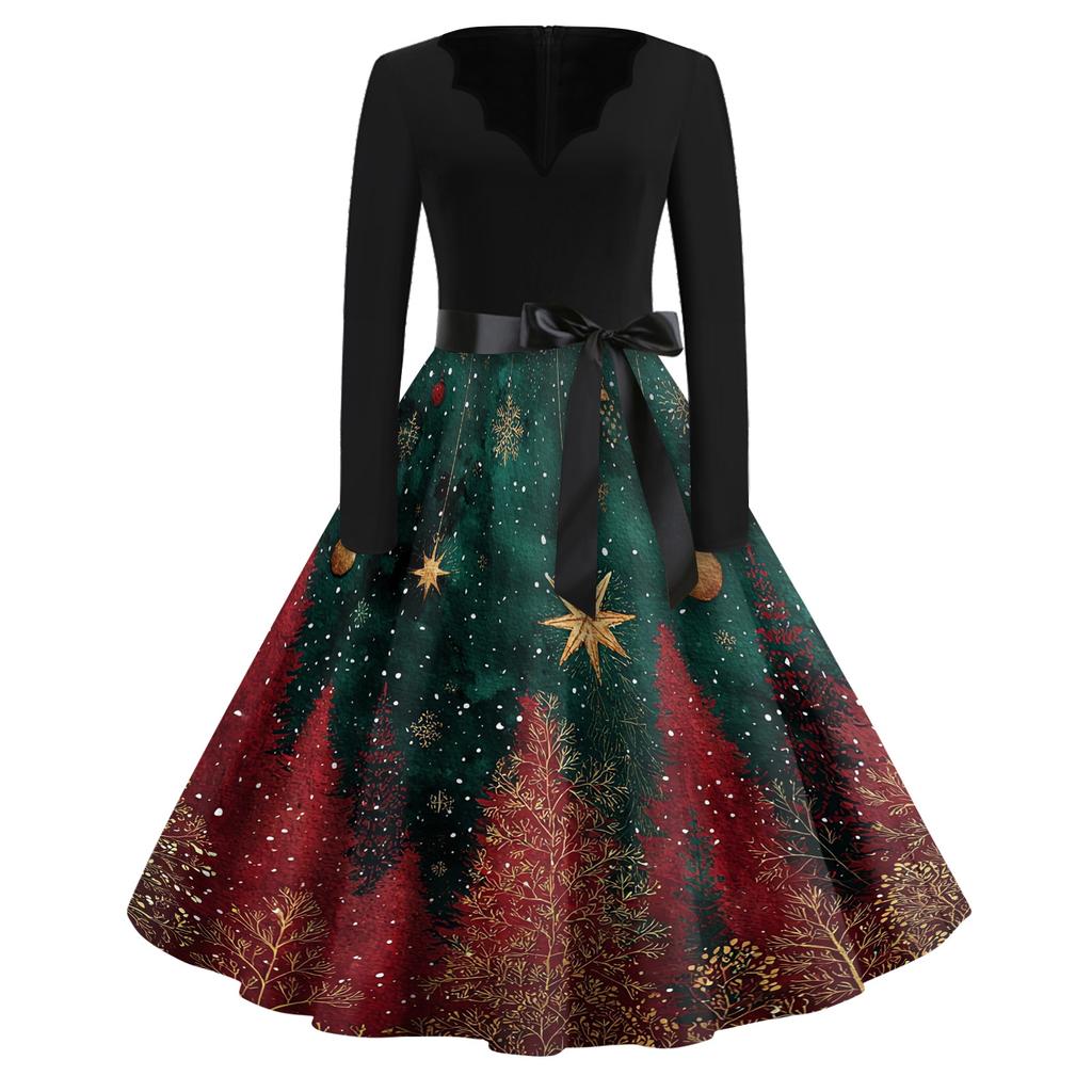 Women's Casual Christmas Print V Neck Vintage Dress for Holiday Party and Everyday Wear