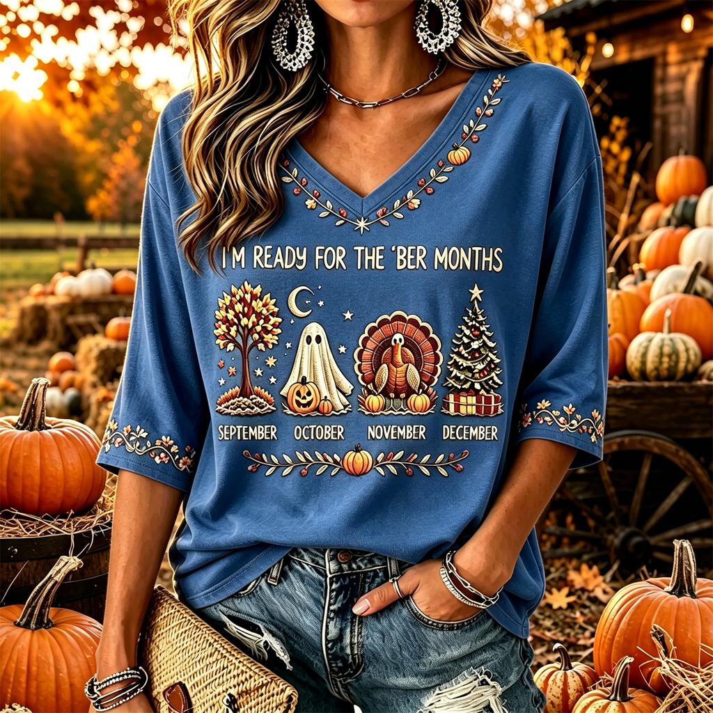 Women's Casual Thanksgiving Print V-Neck Pullover Top