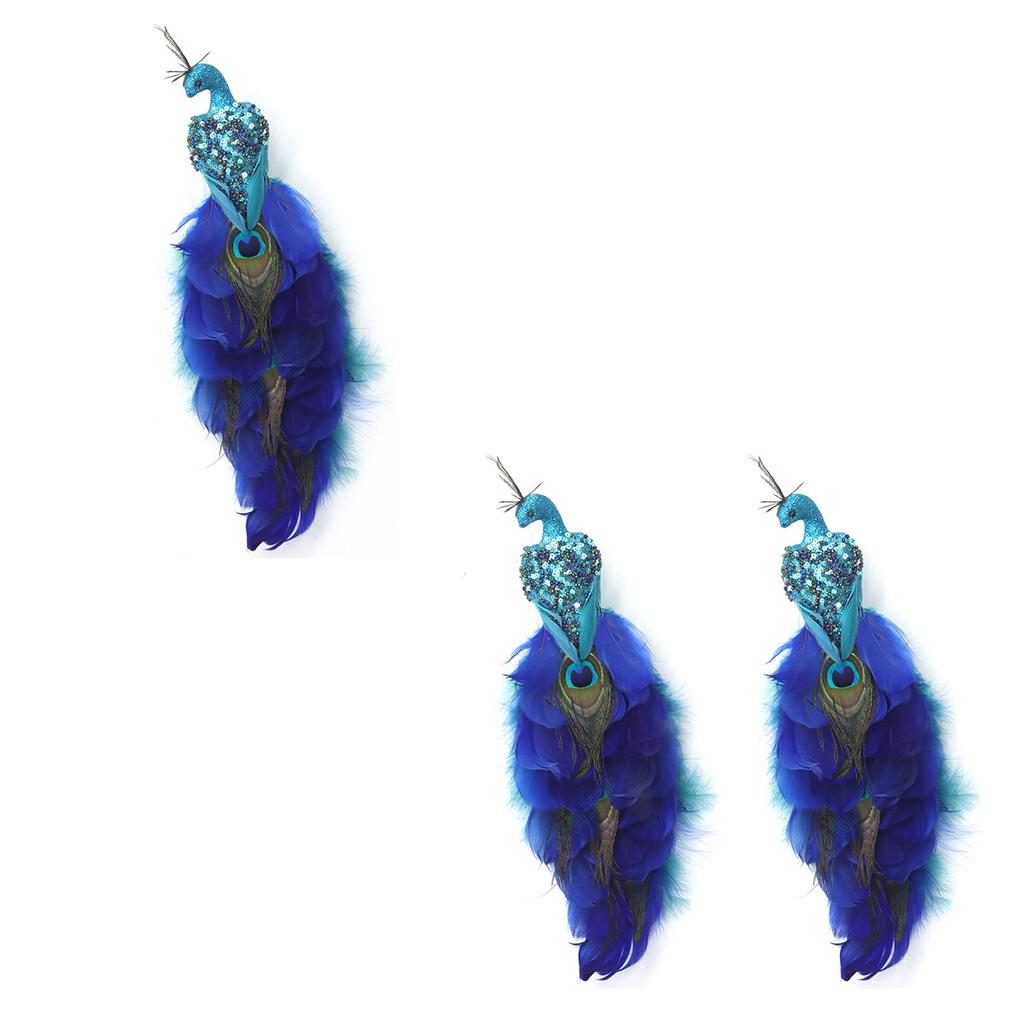 2PCS Simulation Peacock Bird Statue Glitter Clip On Artificial Feathered Peacock with Long Tail for Xmas Tree Holiday