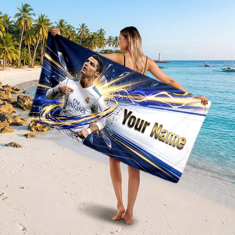 Cristiano Ronaldo Custom Beach Towel, Personalized Name Text Print, Football Logo Soft Quick‑Dry Towel Holiday Gift