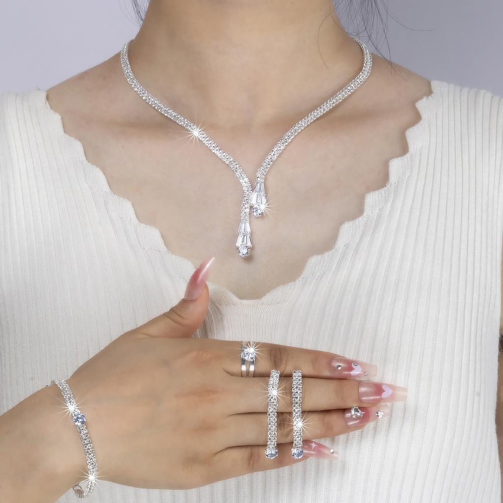 Europe, America, Zircon Water Drop Choker Light Luxury Necklace Earrings Bracelet Ring Bridal Wedding Dress Jewelry