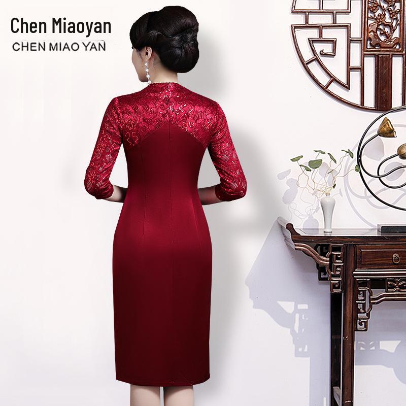Summer Red Long Cheongsam Dress for Young Mother-in-Law at Wedding Banquet
