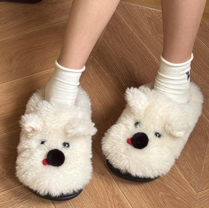 Fashion Indoor Fluffy Slippers For Women Men Winter Warm Shoes Cute Cartoon Dog Soft Plush Anti-slip Couples Home Floor Cotton Slides