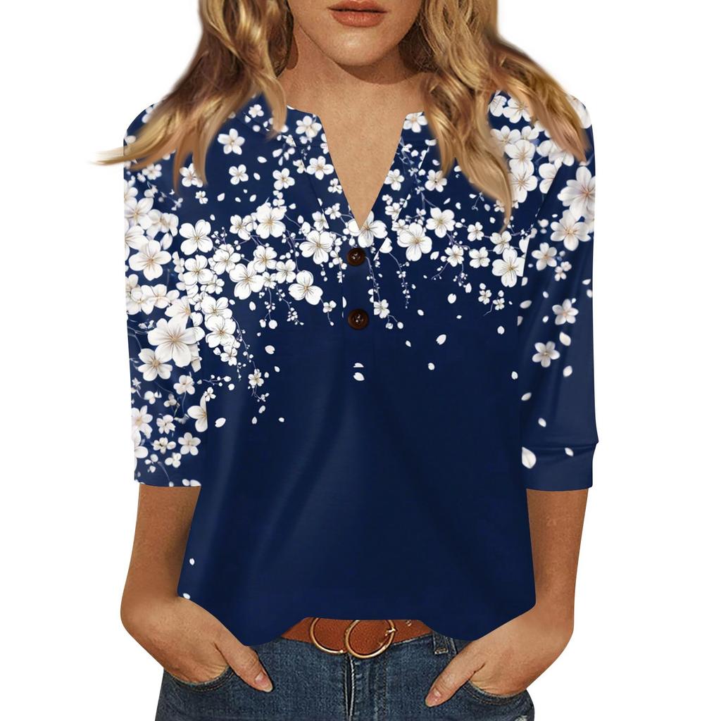 Damen T-Shirt mit Aufdruck, Knopfleiste, 3/4-Ärmel, für den Alltag, Wochenendmode, Basic, V-Ausschnitt, normales Oberteil