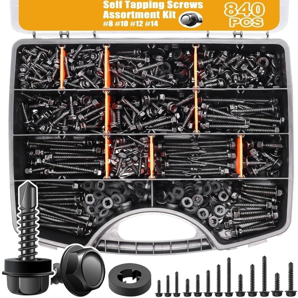 840pcs 410 Stainless Steel Self Drilling Screws Hex Washer Head Hex Nut Washer Kit  For Car