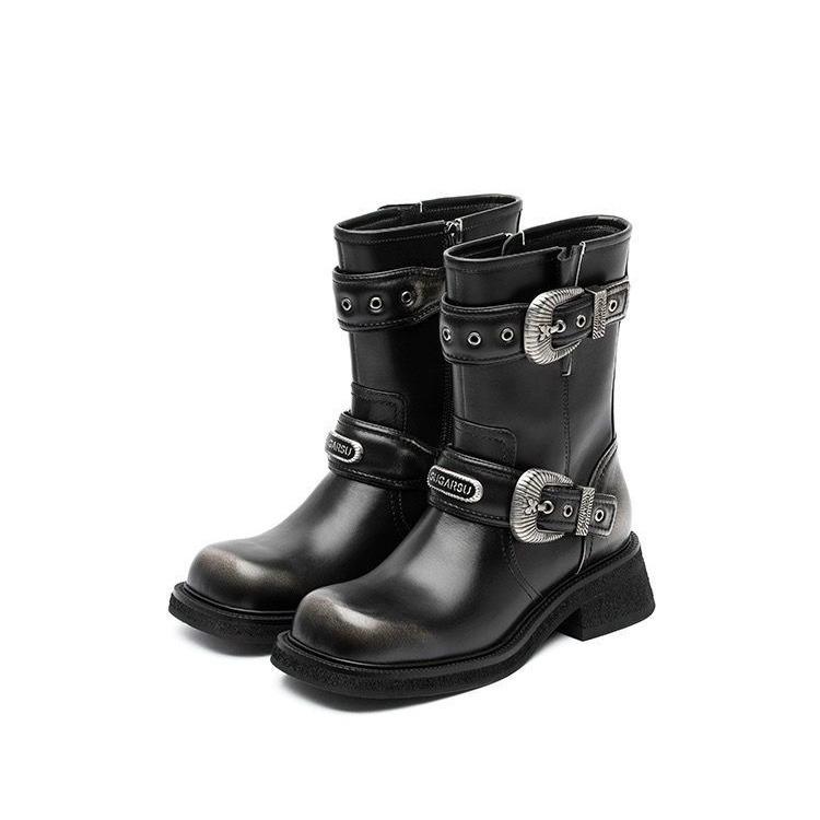 Zhao Zhaoyi's same short boots for women 2025 new cowhide Maillard fashion high-heeled belt buckle knight short boots for women