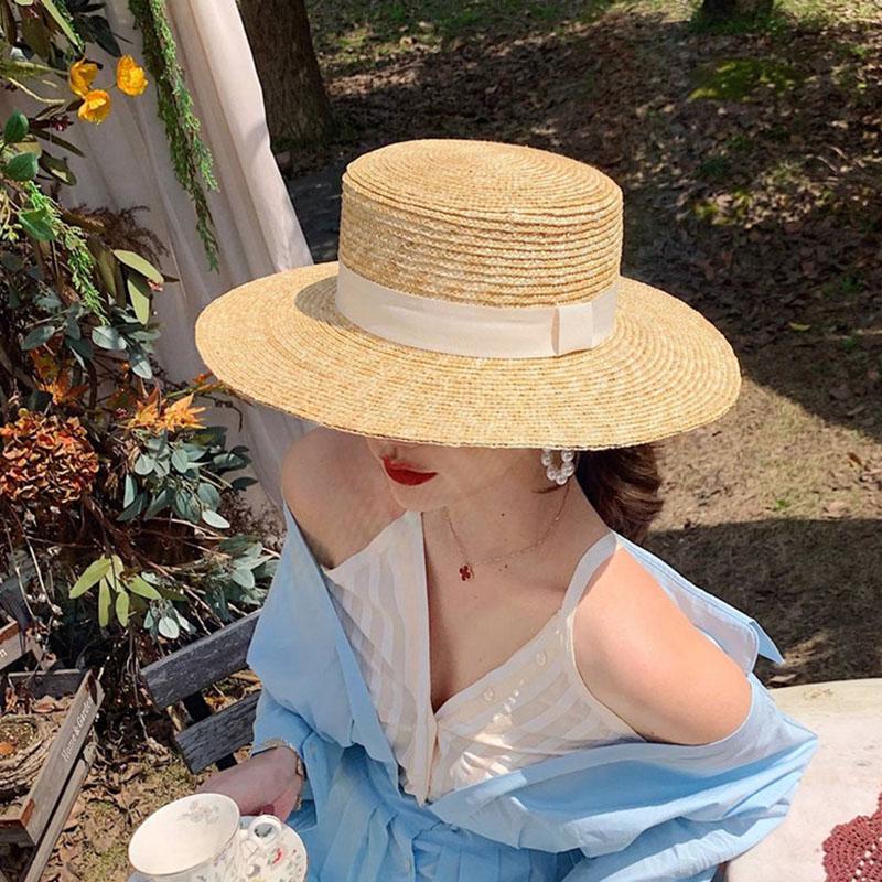 Summer Female Natural Stiff Wheat Straw Boater Fedora Top Flat Hat Women Beach Brim Cap RAFFIA Sun Hat for Women Jazz Panama
