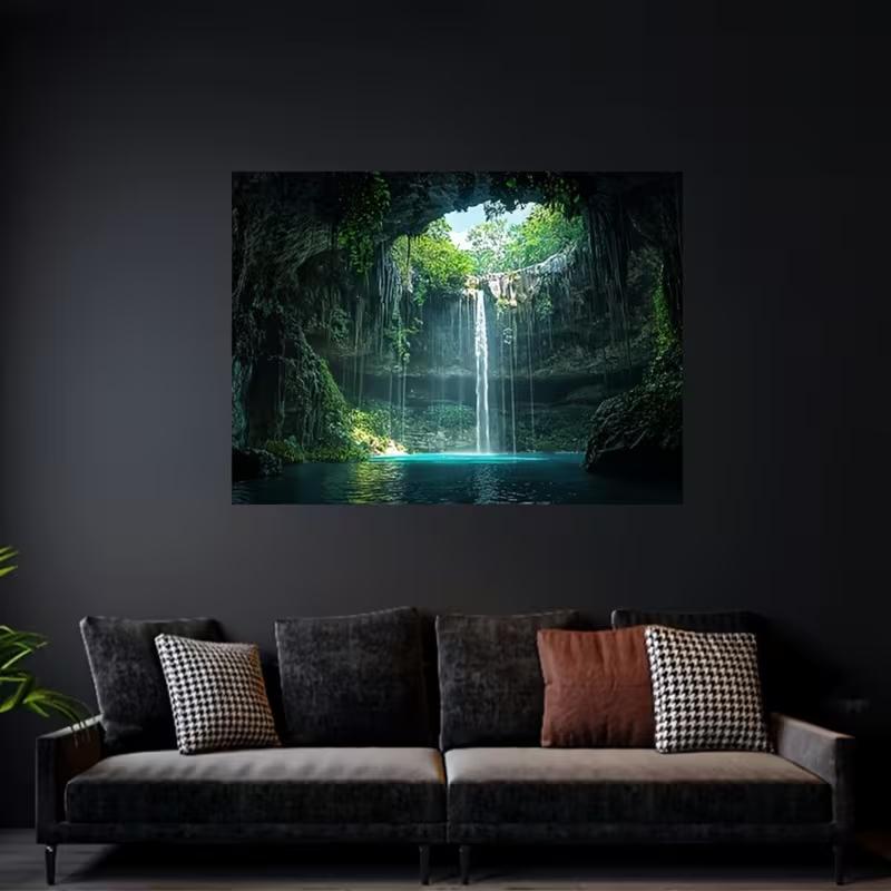 2D Magical Cave Waterfall Tapestry Tropical Cenote Lagoon with Hanging Vines Wall Art