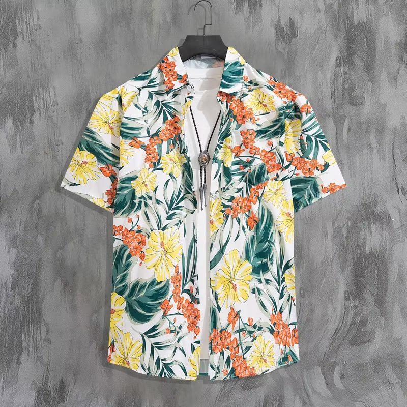 Men's Floral Summer Beach Shirt - Japanese Streetwear, Versatile, Breathable, Loose Fit, Hong Kong Style.