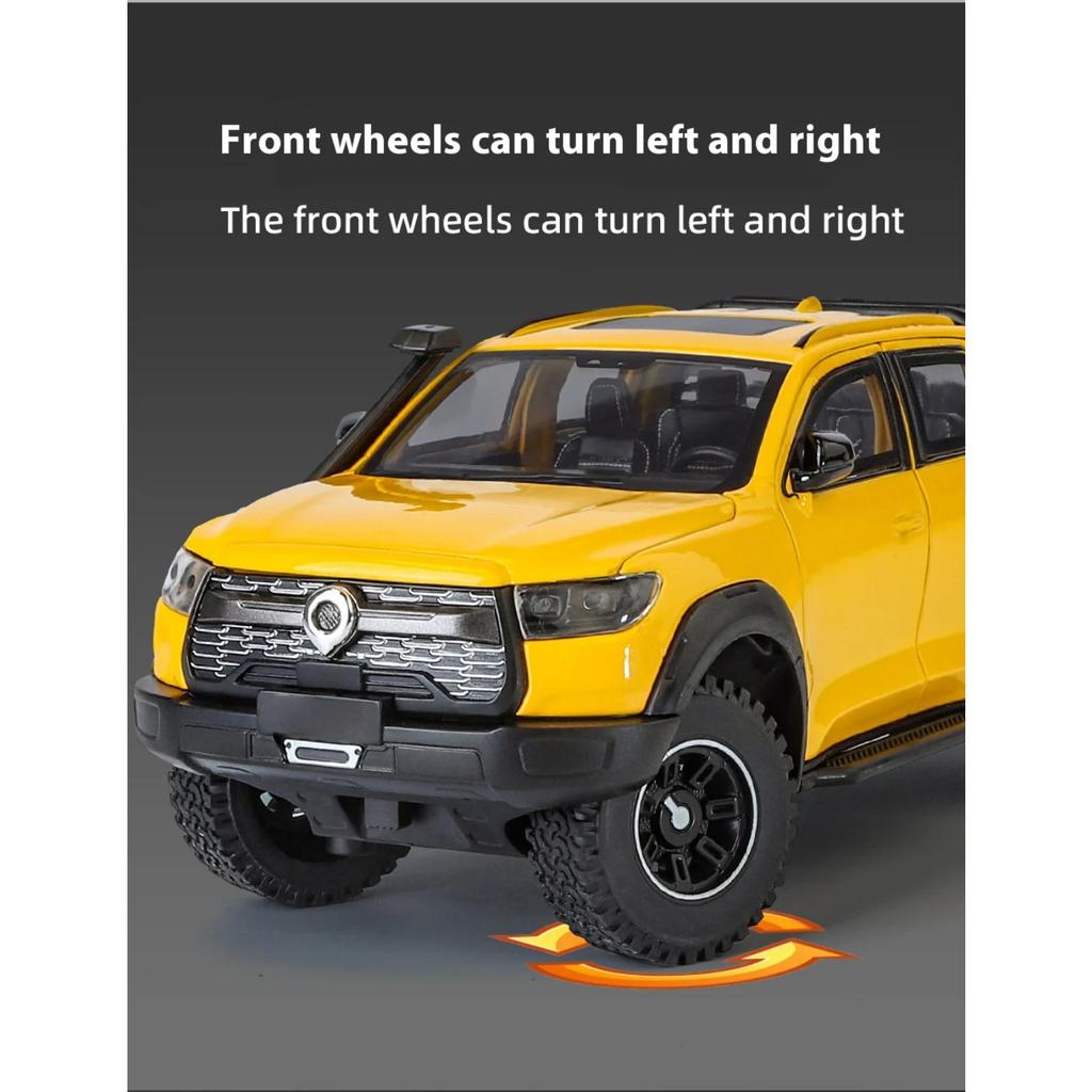 1/24 Alloy Die-cast Great Wall Cannon Pickup Truck Model Simulation Sound and Light Pull Off Road Vehicle Toy Collection Ornaments for Boys Gifts