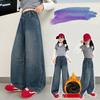 Children Winter Insulated Jeans Teen Kids Fashion Fleece Lined Street Trousers Girl Letter Embroidery Thermal Denim Pants