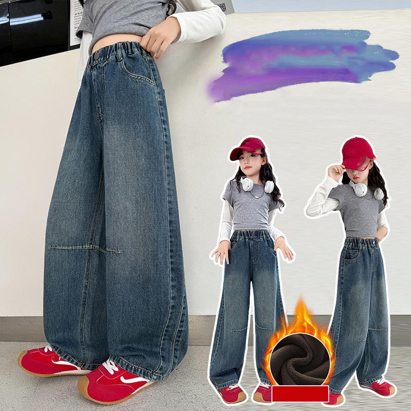 Children Winter Insulated Jeans Teen Kids Fashion Fleece Lined Street Trousers Girl Letter Embroidery Thermal Denim Pants