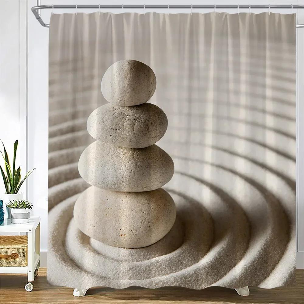 Zen Green Bamboo Shower Curtain Pink Flower Plant Black Stone Spa Garden Scenery Wall Hanging Fabric Bathroom Decor Curtains Set