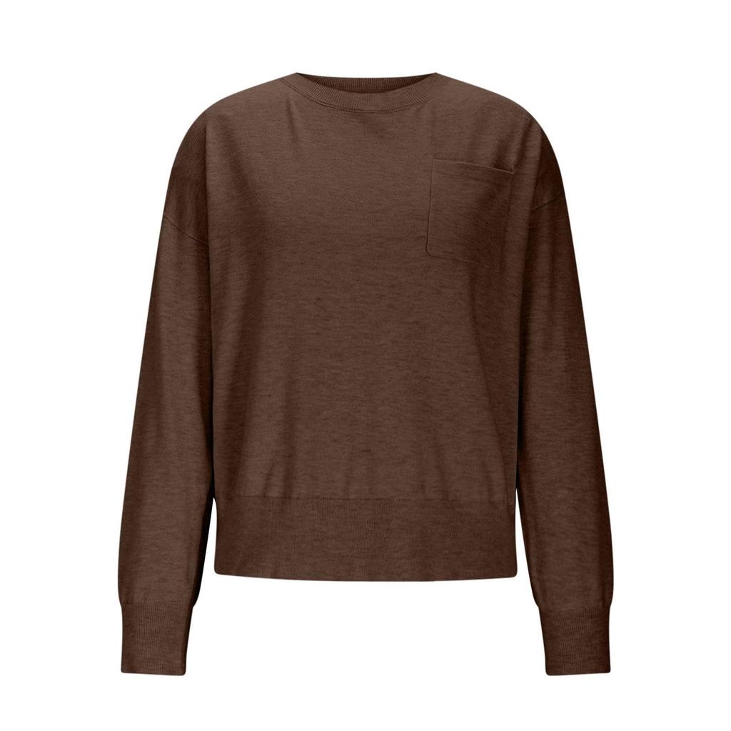 2025 Women's Solid Color Round Neck Long Sleeve Casual Pocket Pullover Sweater - Autumn/Winter European American Style