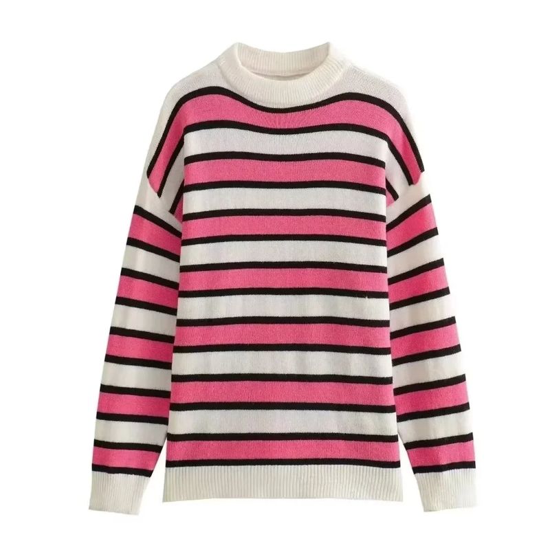 Kaslead New Arrival Women's Clothing Fashion Style Stylish Simple and Versatile Round Neck Stripes Casual Knitting Sweater