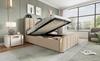 Upholstered Single Bed, Headboard with Golden Stripes and USB Type-C Charging 90*200 cm, Beige Linen Hydraulic Storage Bed (Without Mattress)
