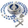 Neues Design Handgefertigt Religiös Glasperlen Perlen Kreuz Rosenkranz Halskette High-End Geschenkbox Set Rosenkranz Halskette