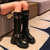 Fashion Women's Thick Heel Cotton Boots New Winter Round Head Side Zipper Rivet Metal Belt Buckle Thick Sole Non-slip Boots
