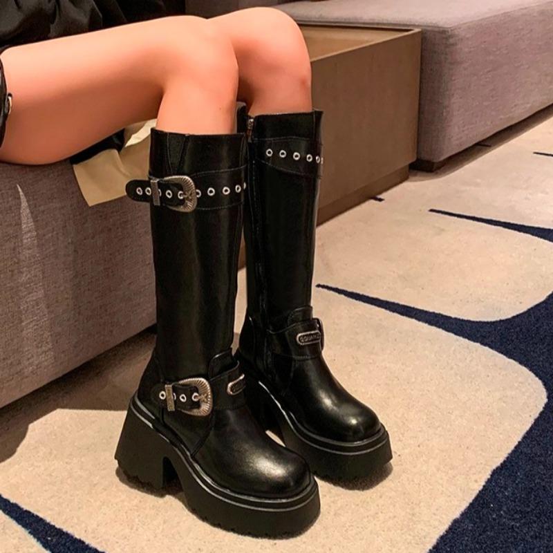 Fashion Women's Thick Heel Cotton Boots New Winter Round Head Side Zipper Rivet Metal Belt Buckle Thick Sole Non-slip Boots
