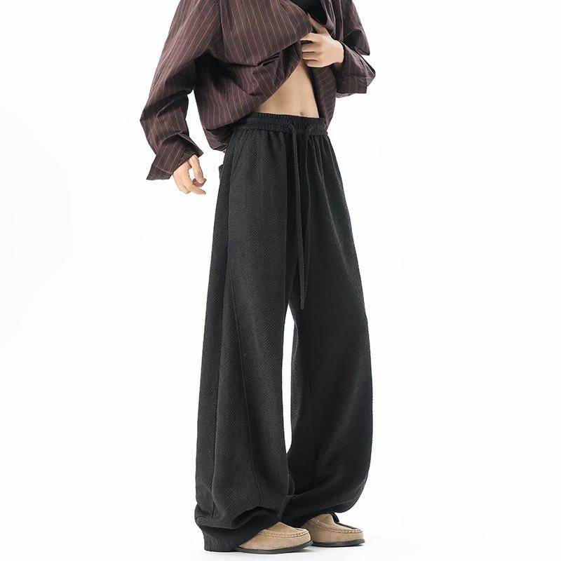 High Street Lazy Herringbone Trousers Men's New Elastic Waist Loose Wide Leg Pants Drop Mopping Scimitar Casual Pants