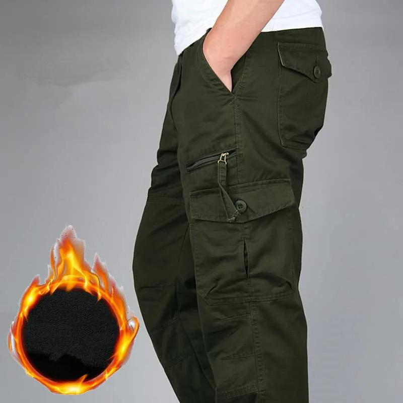 Men's Winter Cargo Pants Double Layer Fleece Warm Thick Cotton Long Trousers Men Baggy Casual Cotton Pants