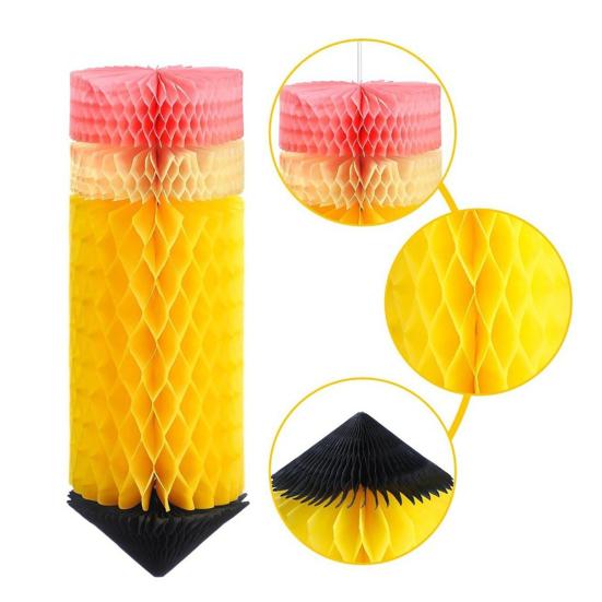 6Pcs Pencil Hanging Honeycomb with Lanyard Ceiling Party Ornaments Easy To Install Back-to-School Classroom Decorations