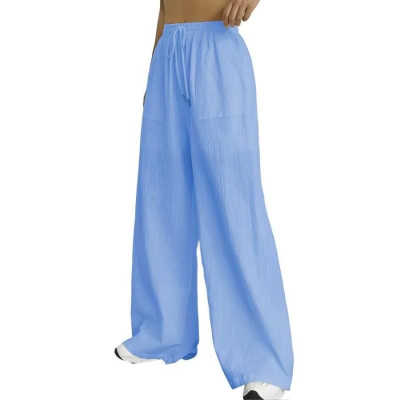 Western Women s Casual Solid Color Drawstring Straight Leg Slight Flare Pocket Casual Pants XS