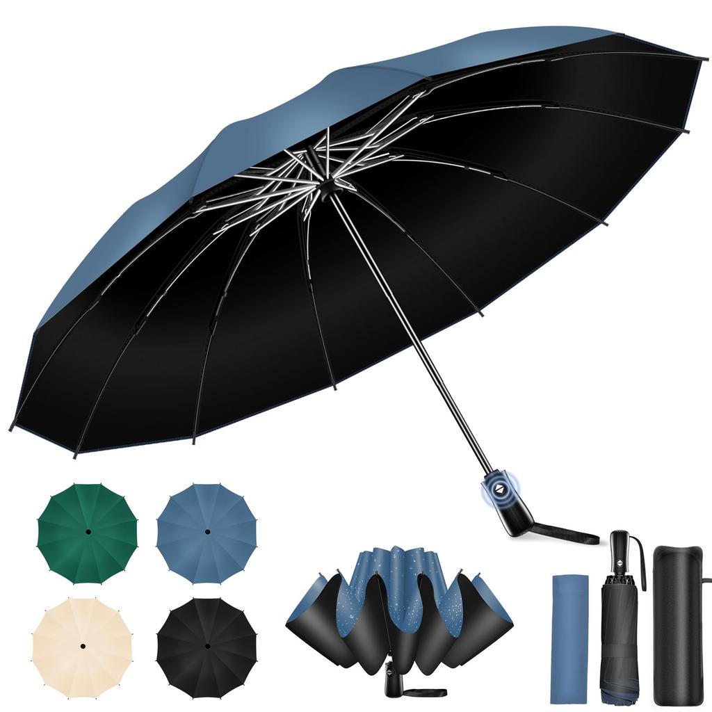 Reinforced Folding Umbrella with Automatic Reverse Sun Heat UV Rain or Perfect for Rainy Typhoon Heavy Rain Storage Pouch and Extra-Large, 12-Rib